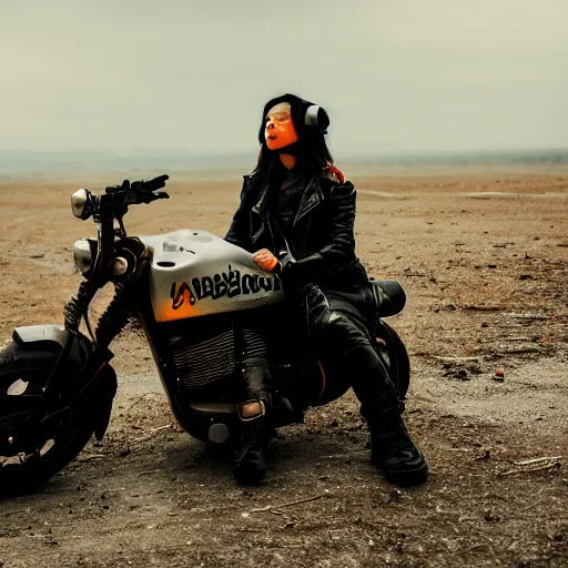 Image similar to a girl dressed in cyberpunk gear sits on a motorbike in a dystopian landscape, 5 0 mm lens, f 1. 4, sharp focus, ethereal, emotionally evoking, head in focus, volumetric lighting, blur dreamy outdoor,