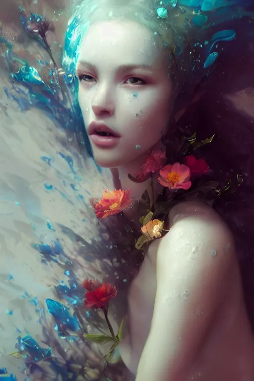 Image similar to face closeup a young beautiful girl nymph drowned in water, underwater photography,, 3 d render, hyper realistic detailed portrait, holding magic flowers, ruan jia, wlop. scifi, fantasy, hyper detailed, octane render, concept art, by peter mohrbacher, by wlop, by ruan jia