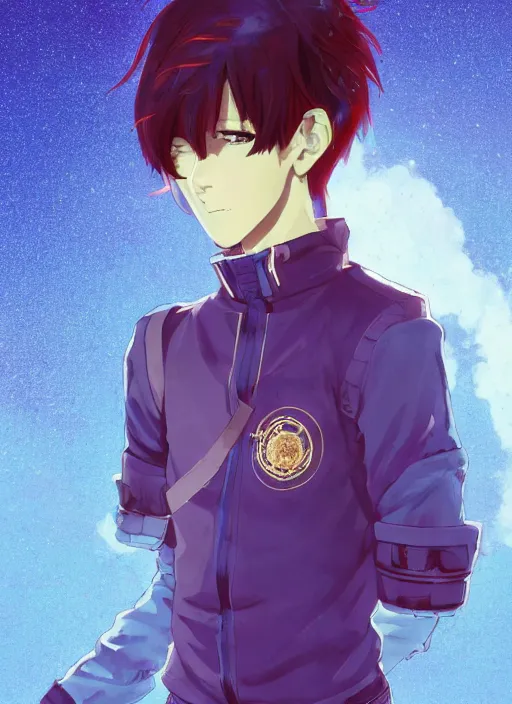 Image similar to teenager boy with straight indigo hair, purple eyes with red eye markers, slim body, wearing a detailed japanese combat clothes, golden details. rich vivid colors, ambient lighting, dynamic lighting, 4 k, official media, anime key visual, makoto shinkai, ilya kuvshinov, lois van baarle, rossdraws, detailed, trending on artstation