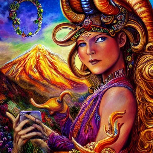 Prompt: horned ram goddess, checking her cell phone, painting by josephine wall, erupting volcano in distance, sunset, flowers in foreground, zodiac, fantasy acrylic on canvas, intricately detailed, highly detailed, high resolution, hdr, 8 k, by senior concept artist, trending on artstation