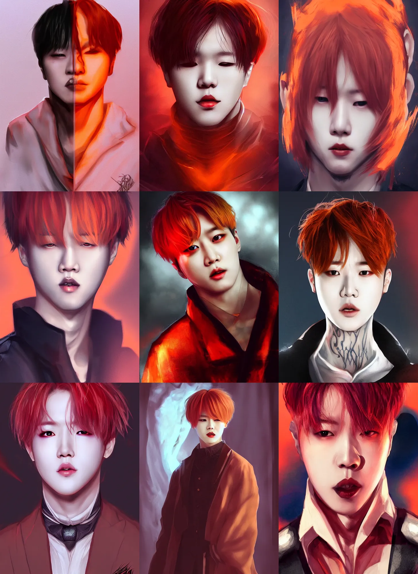 Prompt: park jimin as a vampire. wearing intricate styled outfit, semi realism, anime realism, symmetrical face, slim face, appealing, photorealism, uhd, amazing depth, glowing, golden ratio, sakimichan, greg rutowski, volumetric lighting, cinematic lighting, red orange lighting, artstation concept art