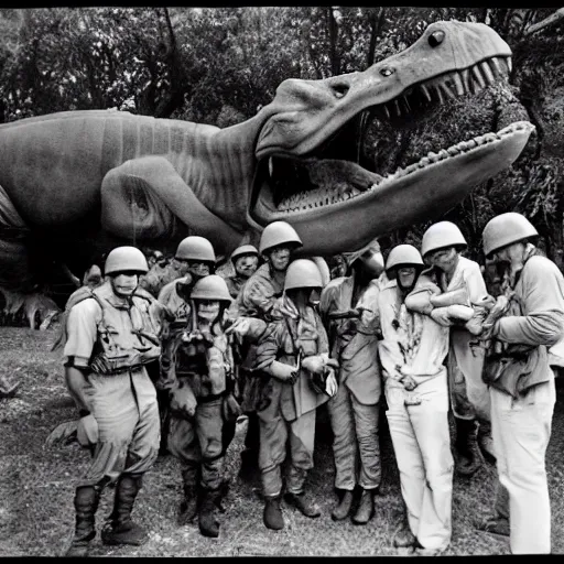 Prompt: soldiers taking a picture with a tyrannosaurus rex in the vietnam war, black and white, eddie adams, david burnett, robert capa, al chang, niel davis, marc riboud