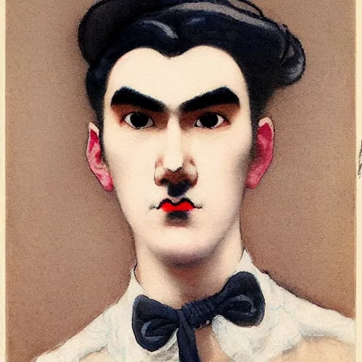 Prompt: full body painting of grumpy handsome thin beautiful man with thick eyebrows in his 2 0 s named min - jun in a french maid outfit, modern clothing, elegant, clear, painting, stylized, delicate facial features, stylized thin lines, soft but grumpy, highly detailed, art, art by egon alphonse yamamoto