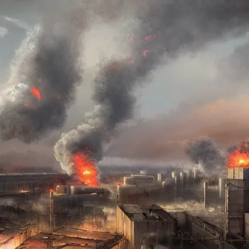 Prompt: a painting of a factory with smoke pouring out of it, a detailed matte painting by jonas de ro, cgsociety, nuclear art, dystopian art, apocalypse art, apocalypse landscape