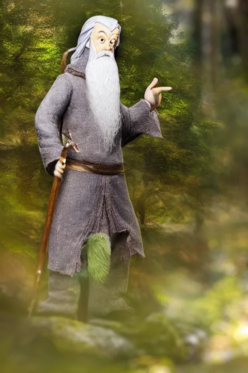 Image similar to A full body portrait of Gandalf in a forest, tilt shift, bokeh, detailed, realistic