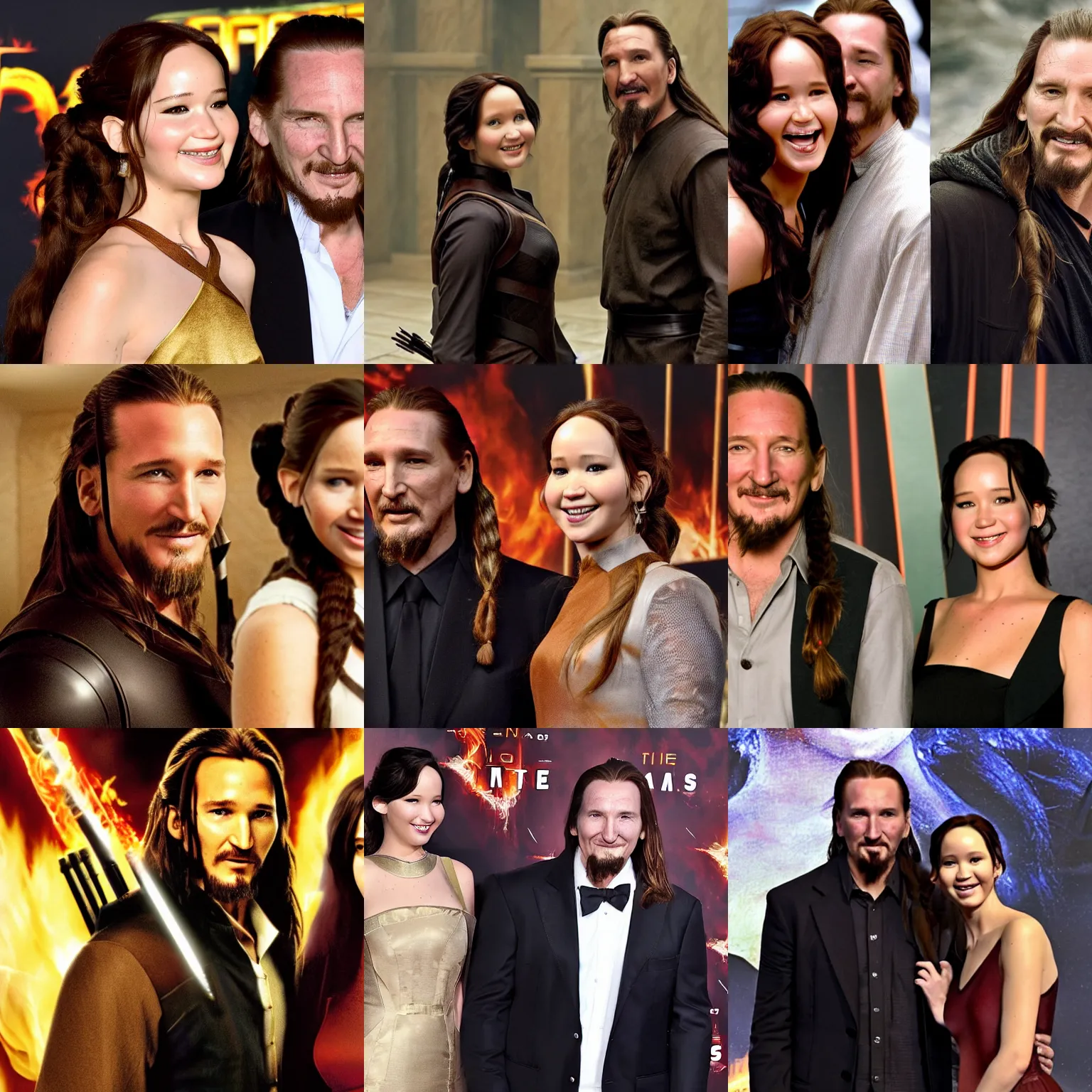 Prompt: Katniss Everdeen standing next to Qui-Gon Jinn, both smiling for the camera