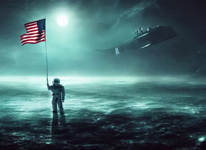 Image similar to astronaut holding a flag in an underwater desert. a submarine is visible in the distance. dark, concept art, cinematic, dramatic, atmospheric, 8 k, trending on artstation, blue, fish, low visibility, fog, ocean floor, christopher nolan, interstellar