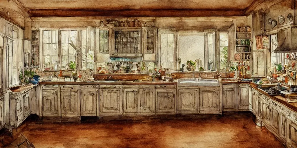 Prompt: a hiper intricate watercolor of a beatiful kitchen, extremely detailed, sharp focus, wide view, smooth, digital illustration, colorfull, by william turner art, by greg rutowski