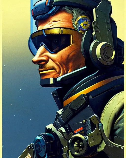 Image similar to soldier 7 6 from overwatch, character portrait, portrait, close up, concept art, intricate details, highly detailed, vintage sci - fi poster, retro future, in the style of chris foss, rodger dean, moebius, michael whelan, and gustave dore