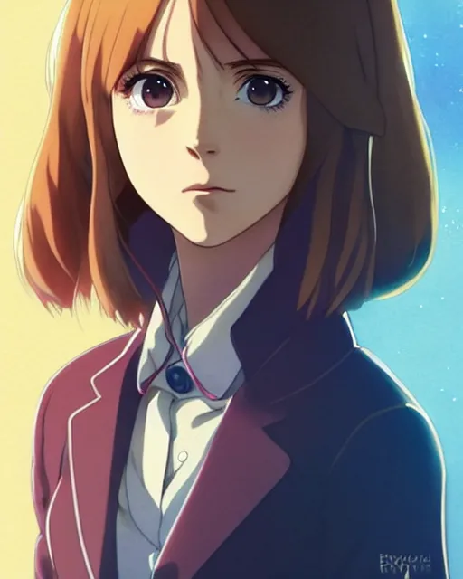 Prompt: Anime as Emma Watson playing Hermione Granger || cute-fine-face, pretty face, realistic shaded Perfect face, fine details. Anime. realistic shaded lighting poster by Ilya Kuvshinov katsuhiro otomo ghost-in-the-shell, magali villeneuve, artgerm, Jeremy Lipkin and Michael Garmash and Rob Rey as Hermione Granger in HarryPotter cute smile