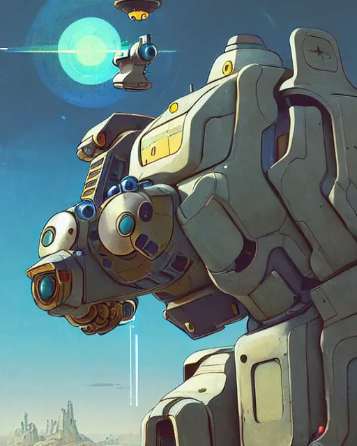 Image similar to bastion the friendly robot from overwatch, with his pet bird, character portrait, portrait, close up, concept art, intricate details, highly detailed, vintage sci - fi poster, retro future, vintage sci - fi art, in the style of chris foss, rodger dean, moebius, michael whelan, katsuhiro otomo, and gustave dore