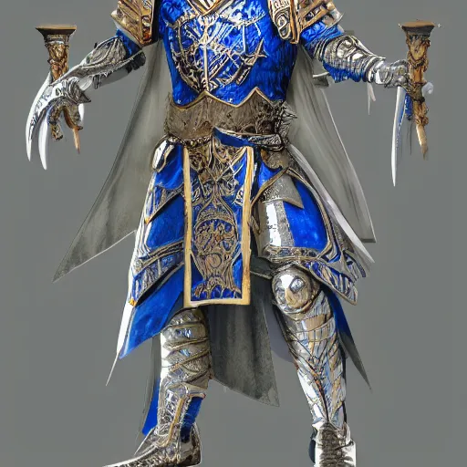 Prompt: concept art, full body portrait of king sorcerers, ornate, Blue and silver, armor, robes, Hyperrealistic, 4K, Unreal Engine, Highly Detailed, Dramatic Lighting, Beautiful