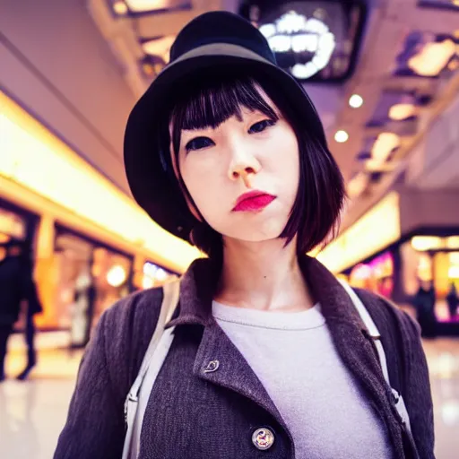 Image similar to a closeup portrait of woman walking in mall alone in style of 1990s, street photography seinen manga fashion edition, focus on face, eye contact, tilt shift style scene background, soft lighting, Kodak Portra 400, cinematic style, fish-eye camera, telephoto