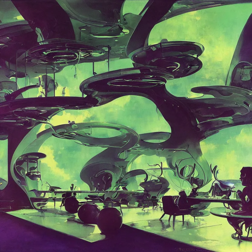 Image similar to a futuristic organic lounge with deep green and purple hues. billowing clouds. highly detailed science fiction painting by norman rockwell, frank frazetta, and syd mead. rich colors, high contrast, gloomy atmosphere, dark background. trending on artstation.