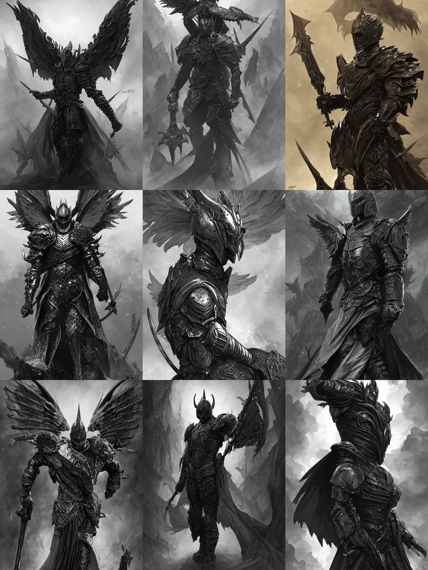 Prompt: the black knight rising from his grave, symmetric armor, wings, undead, highly detailed, male, smooth, sharp focus, dark fantasy, greyscale, digital illustration, by artgerm, greg rutkowski, alphonse mucha