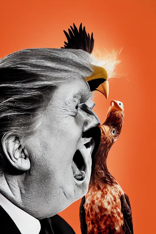 Image similar to Close-up portrait of Donald Trump in jail wearing orange clothes with an American bald eagle attacking him, octane, dramatic lighting, editorial photo, 35mm, very detailed