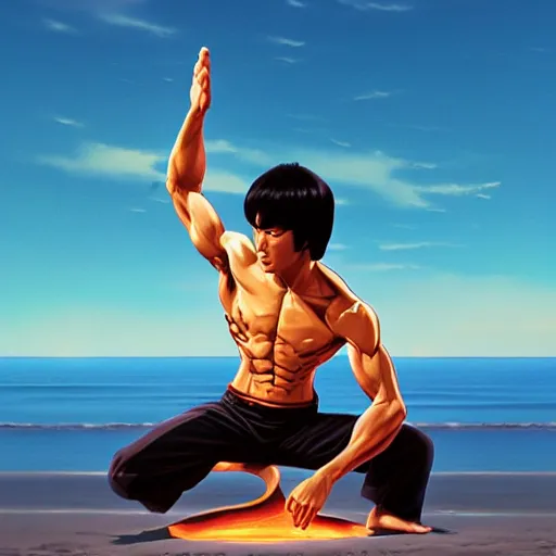 Prompt: bruce lee in lotus position on a beach background, behance hd by jesper ejsing, by rhads, makoto shinkai and lois van baarle, ilya kuvshinov, rossdraws global illumination radiating a glowing aura global illumination ray tracing hdr render in unreal engine 5