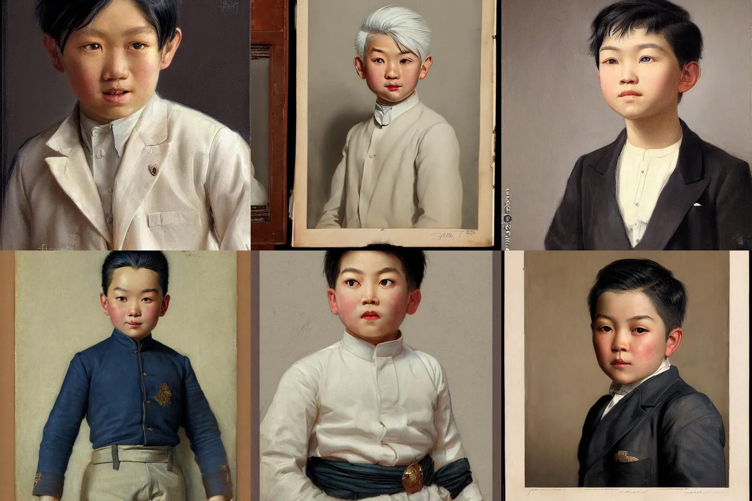 Prompt: a portrait of an Asian boy with white hair and blue eyes By Geoffroy Thoorens and JC Leyendecker.