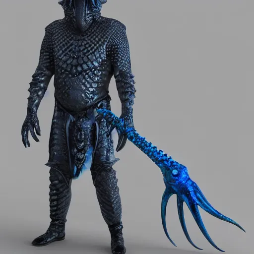 Image similar to detailed hypperrealistic artstation render, full body front view of a scaly black cloaked man, wearing a metallic blue squid mask. he holds in his hand a large knights blue greatsword, in addition tentacles emerge from his back like wings