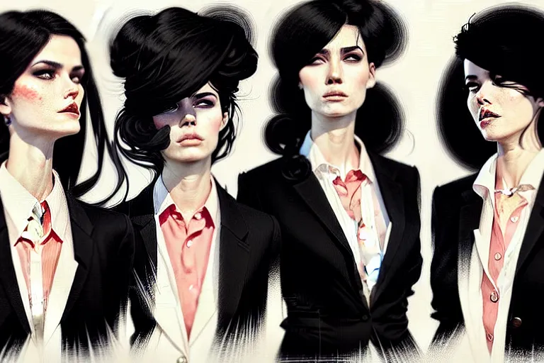 Image similar to a ultradetailed portrait painting of three women in black suits, by conrad roset, greg rutkowski and makoto shinkai trending on artstation