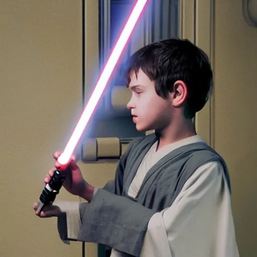 Image similar to a jedi padawan constructing his lightsaber