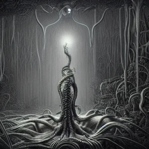 Prompt: a hyperrealistic painting of a tentacled alien lifeform in the middle of an alien jungle, bioluminescent plants, by john kenn mortensen and zdzislaw beksinski, highly detailed, vivid color,