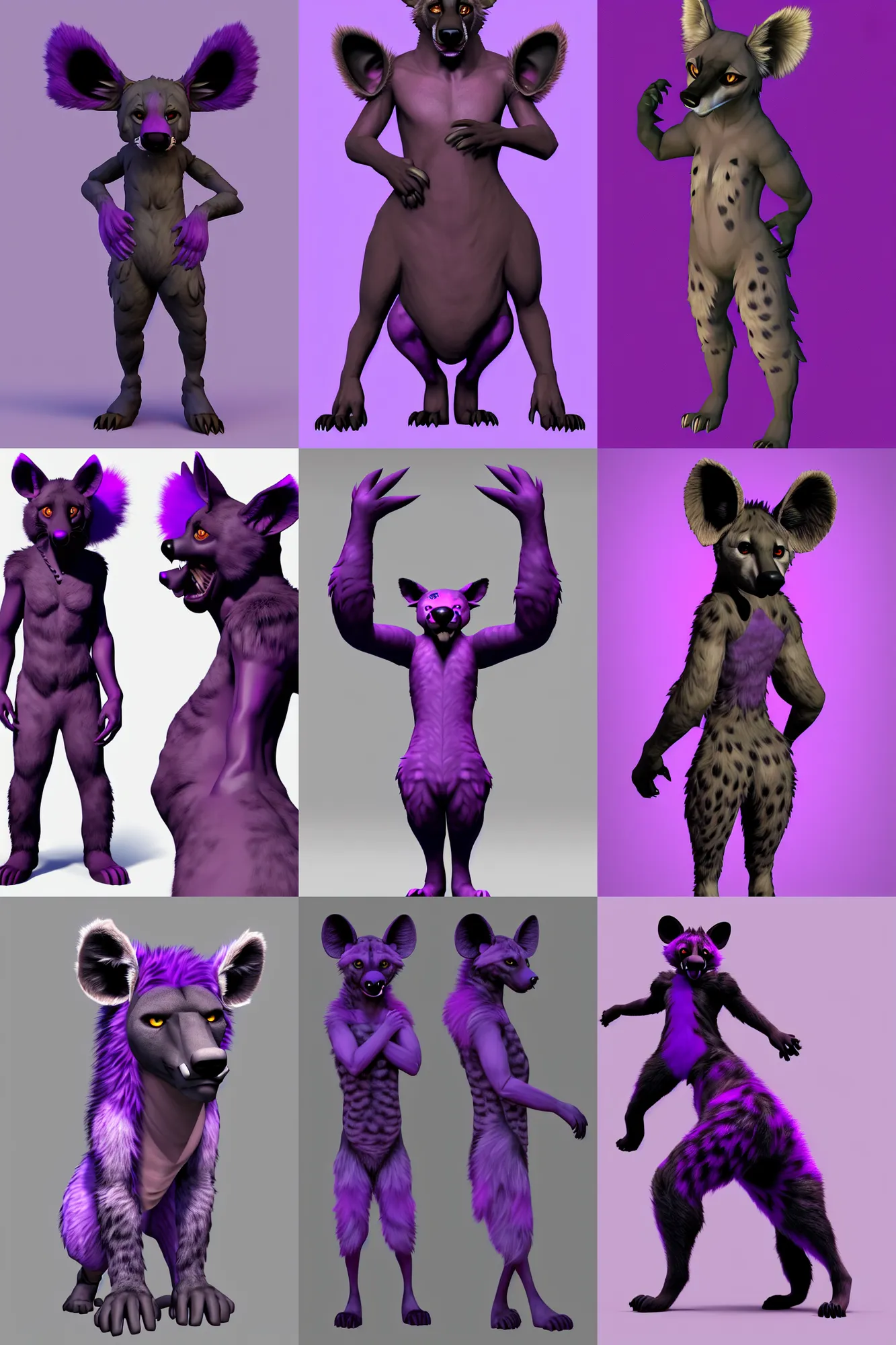 Prompt: a full - body centered front - perspective furry male fursona portrait, a male hyena fursona, purple and black fur color scheme, trending on weasyl, painted in zbrush, high - resolution, godrays, photorealistic