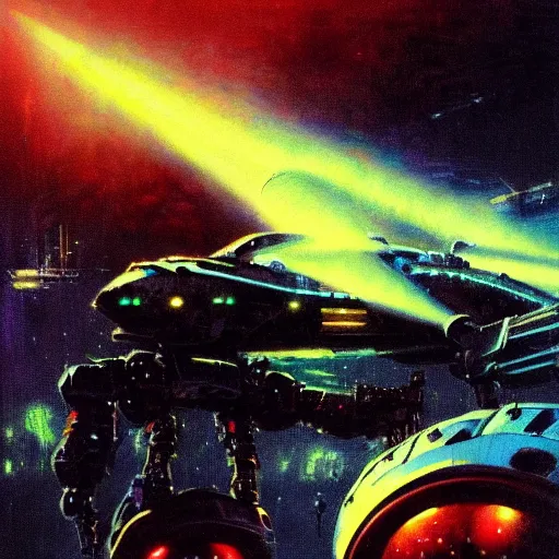 Prompt: a dark and colorful close - up of a sci - fi mecha spaceship with led lights glowing fog in the background. highly detailed science fiction painting by norman rockwell, frank frazetta, and syd mead. rich colors, high contrast, gloomy atmosphere, dark background. trending on artstation