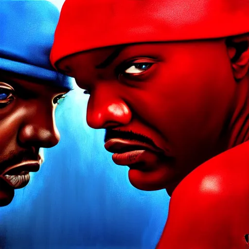 Image similar to crips vs bloods, uhd, painting, 8 k by emanuele dascanio and robin eley