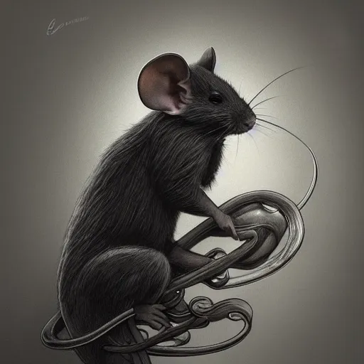 Image similar to a photograpic portrait of a anthropomorphic mouse wearing black clothes, black hair, grey skin, grey mouse ears, fantasy, intricate, elegant, highly detailed, digital painting, artstation, smooth, sharp focus, illustration, art by artgerm and H R Giger and alphonse mucha