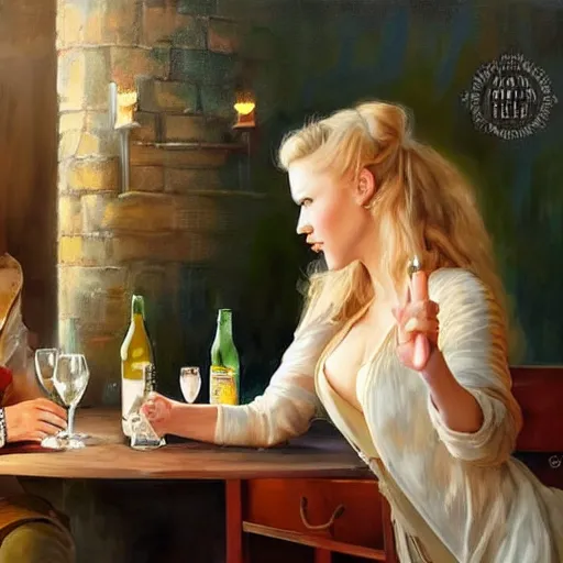 Prompt: ((Boba Fett)) and a beautiful young blonde drinking beer in a wine cellar, food, meat, schnapps, torches on the wall, romantic, inviting, cozy, painting by Vladimir Volegov