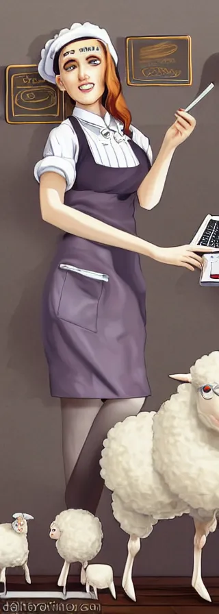 Prompt: beautiful female sheep anthropomorphic working as a waitress, digital art, cartoon, hyper detailed