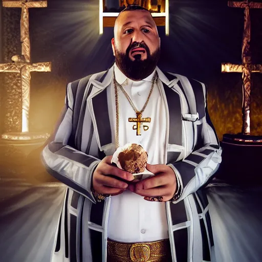 Prompt: a highly detailed realistic photographic render saint dj khaled with ice cream in hands crucified, religious sculpture, cinematic lighting, cinematic scene, Volumetric lighting, Atmospheric scene, Dark, Horror, Atmospheric lighting, Global illumination, realistic, photo realism, hyper realistic, hyper realism, photo realisitc, cinematic render, film, beautifully lit, ray traced, octane 3D render, octane render, unreal engine