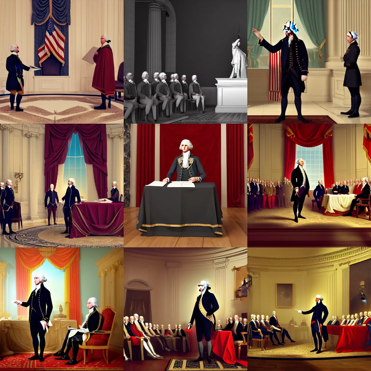 Prompt: render george washington sworn into office, inauguration, unreal engine, digital art, octane render, trending on artstation, raytracing, gaudy, luxurious