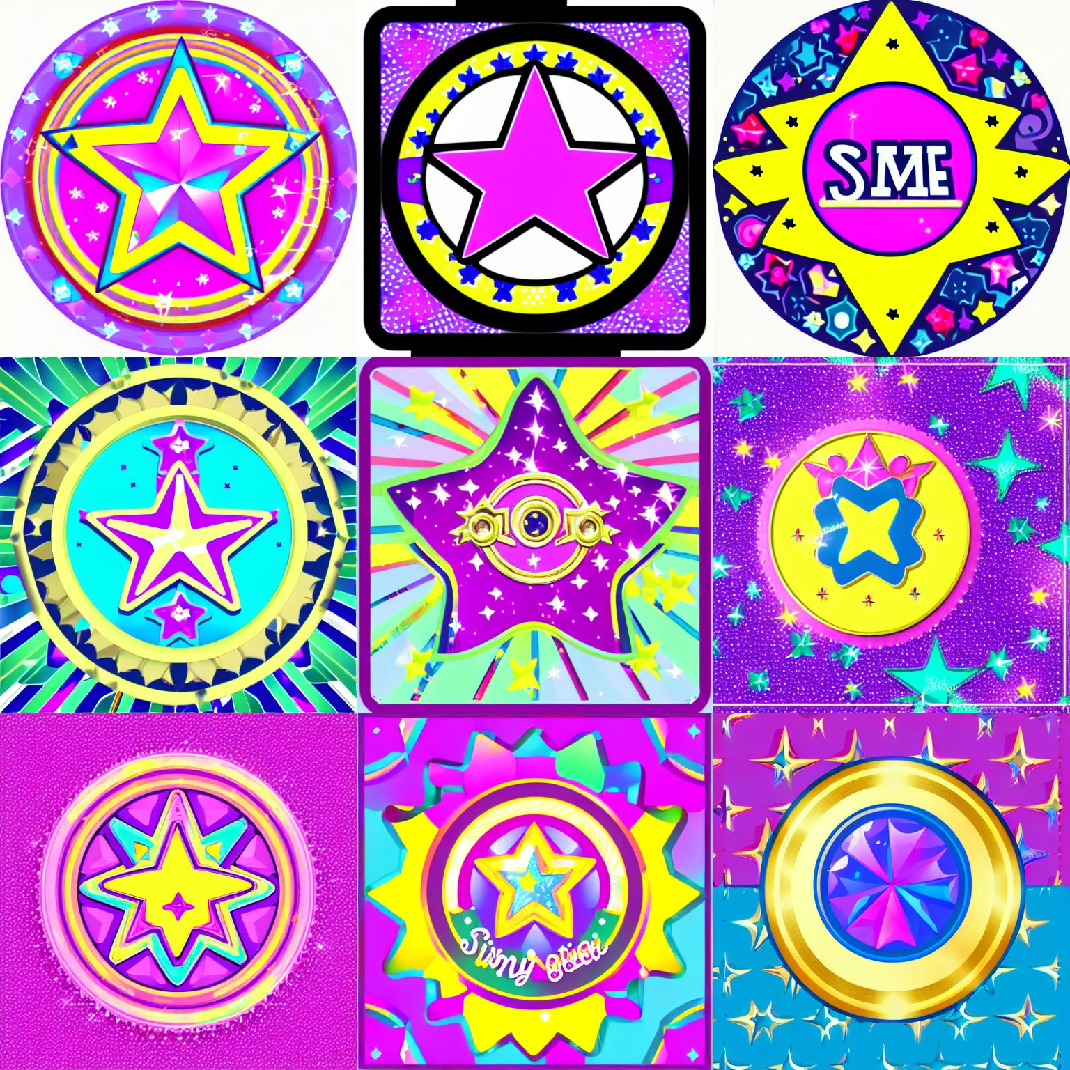 Prompt: 🌟 girly star icon designed by lisa frank, vector graphics forum badge, svg, symmetrical, transparent background, cute, metal, enamel, cloissonne, vintage, guilloche, gem stones, gilt, swarovski, circular