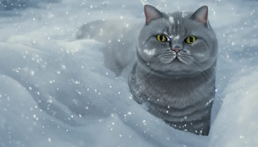 Image similar to british shorthair cat in the snow covered by snow, sunlight, volumetric light, hyperdetailed, artstation, cgsociety, 8 k