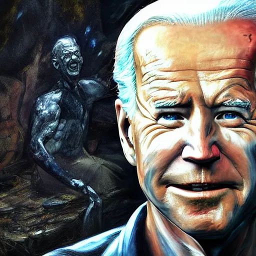 Image similar to hyperrealistic mixed media high resolution painting of Joe Biden with dilapidated body is Gollum skulking in a dark cave, stunning 3d render inspired art by Jamie Salmon and István Sándorfi and Unreal Engine and Greg Rutkowski, perfect facial symmetry, realistic flesh, dim volumetric lighting, 8k octane beautifully detailed render, full body shot, post-processing, extremely hyper-detailed, intricate, epic composition, highly detailed attributes, highly detailed atmosphere, cinematic lighting, masterpiece, trending on artstation, very very detailed, masterpiece, stunning, flawless completion, lifelike texture, perfection,