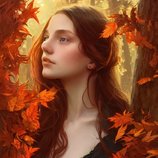 Image similar to girl with super long hair, hair becoming autumn red leaves, intricate, highly detailed, digital painting, artstation, concept art, smooth, sharp focus, illustration, unreal engine 5, 8 k, art by artgerm and greg rutkowski and alphonse mucha