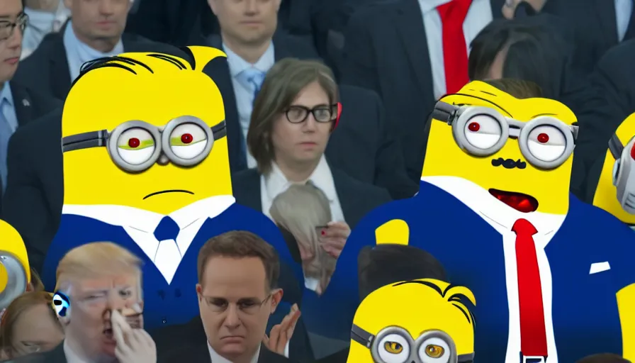 Prompt: cnn news footage taken from above. trump as a minion.