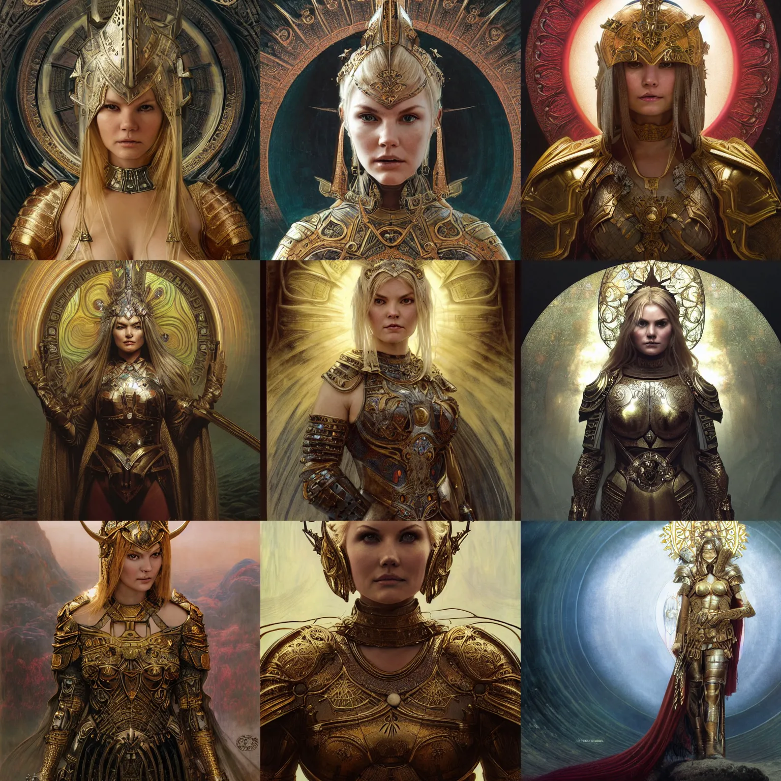 Prompt: Elisha Cuthbert as a Elden Ring warrior masterpiece, intricate medieval armour, centred symmetrical portrait, golden halo behind her head, by Edgar Maxence, Ross Tran, distaw Beksinski, Michael Whelan, gustav dore, H.R. Giger, and Mucha, 8k, octane render