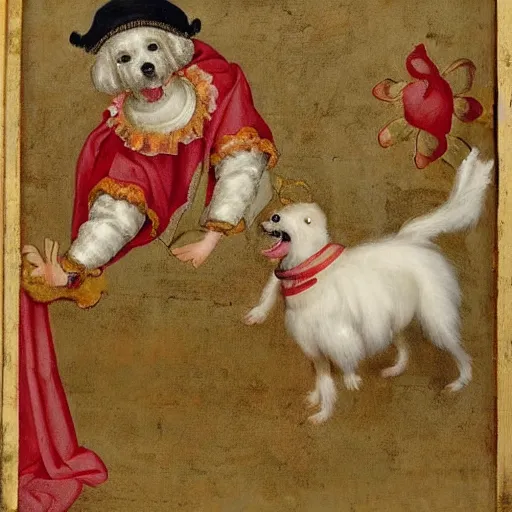 Prompt: bichon frise dog wearing a jester costume and dancing, medieval painting