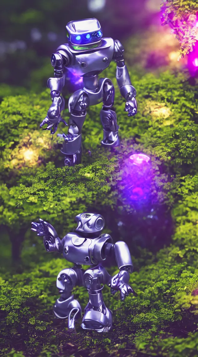 Image similar to small toy robot in a garden, hyper detailed, sharp focus, bokeh, unreal engine, ray tracing, cute, fantasy, sci fi, purple lights, tiny, small