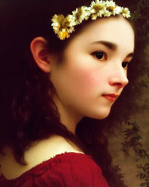 Image similar to beautiful glorious realistic oil painting of bjork, bokeh, baroque style by bouguereau, sunset, highly detailed, 8 k intricate