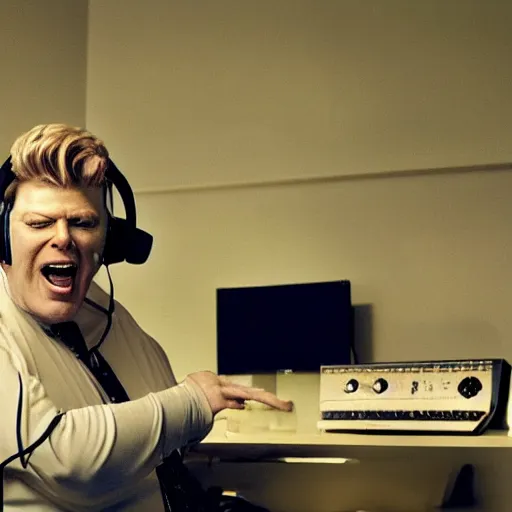 Prompt: obese David Bowie wearing a headset yelling at his monitor while playing WoW highly detailed wide angle lens 10:9 aspect ration award winning photography by David Lynch esoteric erasure head