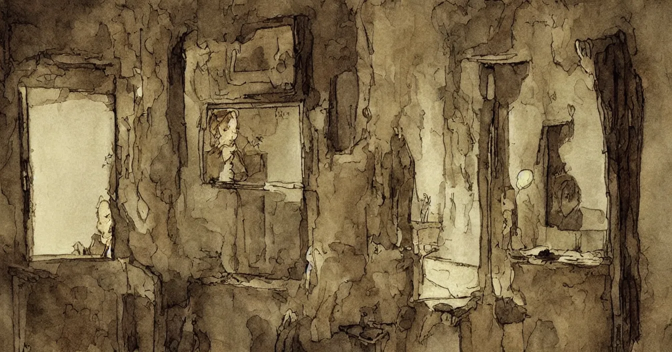 Prompt: view from behind mirror, very deep stillness atmosphere, dimension of still moment, spiritual style, digital art, by anton pieck