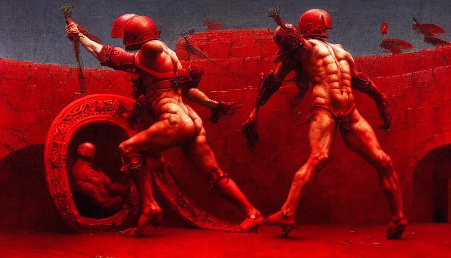 Prompt: only with red, a lightly armored gladiator in a crowded roman amphitheatre, crowd cheering, in the style of beksinski and edward hopper and rodcenko and yue minjun and artgerm, intricate and epic composition, red by caravaggio, highly detailed, masterpiece, red light, artstation