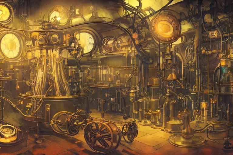 Image similar to steampunk laboratory filled with alchemy equipment, scientist working, pespective, giant screens, sci - fi vending machine, concept art by mucha, dynamic light, volumetric light, neon lights, cinematic mood