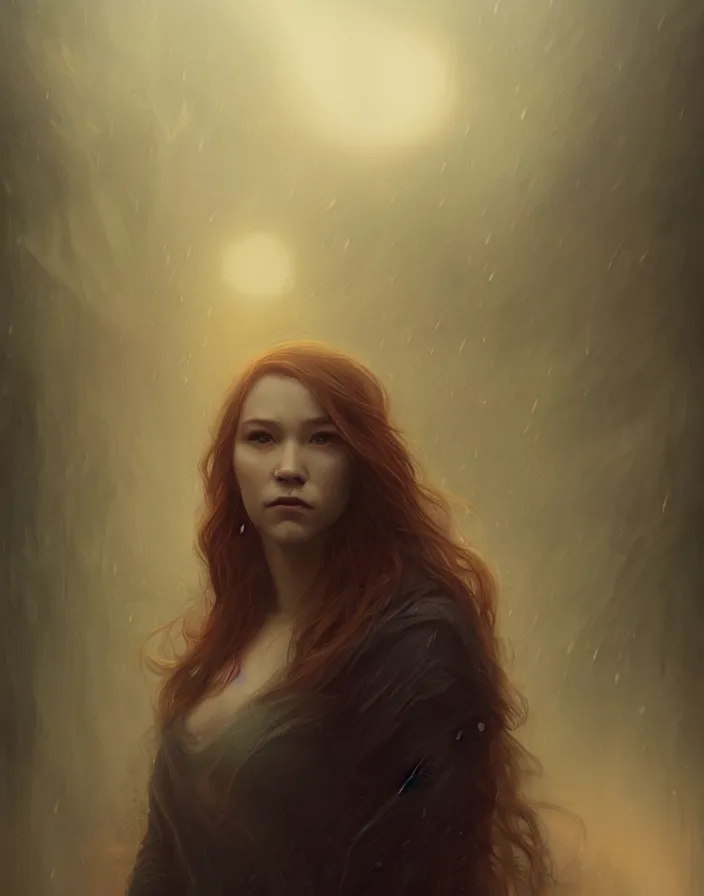 Image similar to Beautiful aesthetically pleasing female oracle of Delphi portrait, face centered portrait, Confident, fog, rain, volumetric lighting, beautiful, golden hour, sharp focus, ultra detailed, conceptartworld by Leesha Hannigan, Ross Tran, Thierry Doizon, Kai Carpenter, Ignacio Fernández Ríos