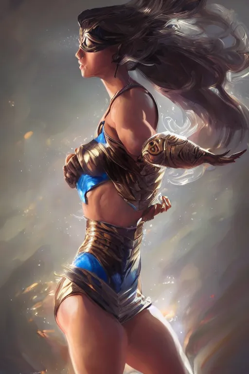 Image similar to three quarters portrait pose of a beautiful woman, strong body,super heroine costume,super powers, fantasy, intricate, elegant, highly detailed, digital painting, artstation, concept art,shining, sharp focus, illustration, art by Stanley Lau