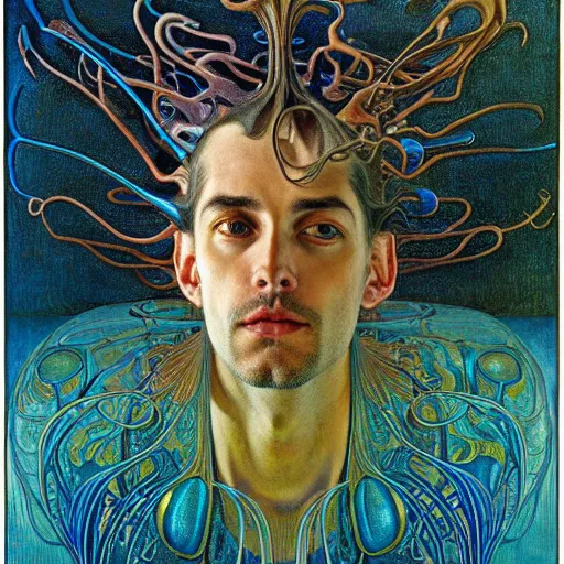 Prompt: realistic extremely detailed portrait painting of an average man ,futuristic , by Jean Delville, Amano, Yves Tanguy, Alphonse Mucha, Ernst Haeckel, Edward Robert Hughes, Roger Dean, rich moody colors, blue eyes